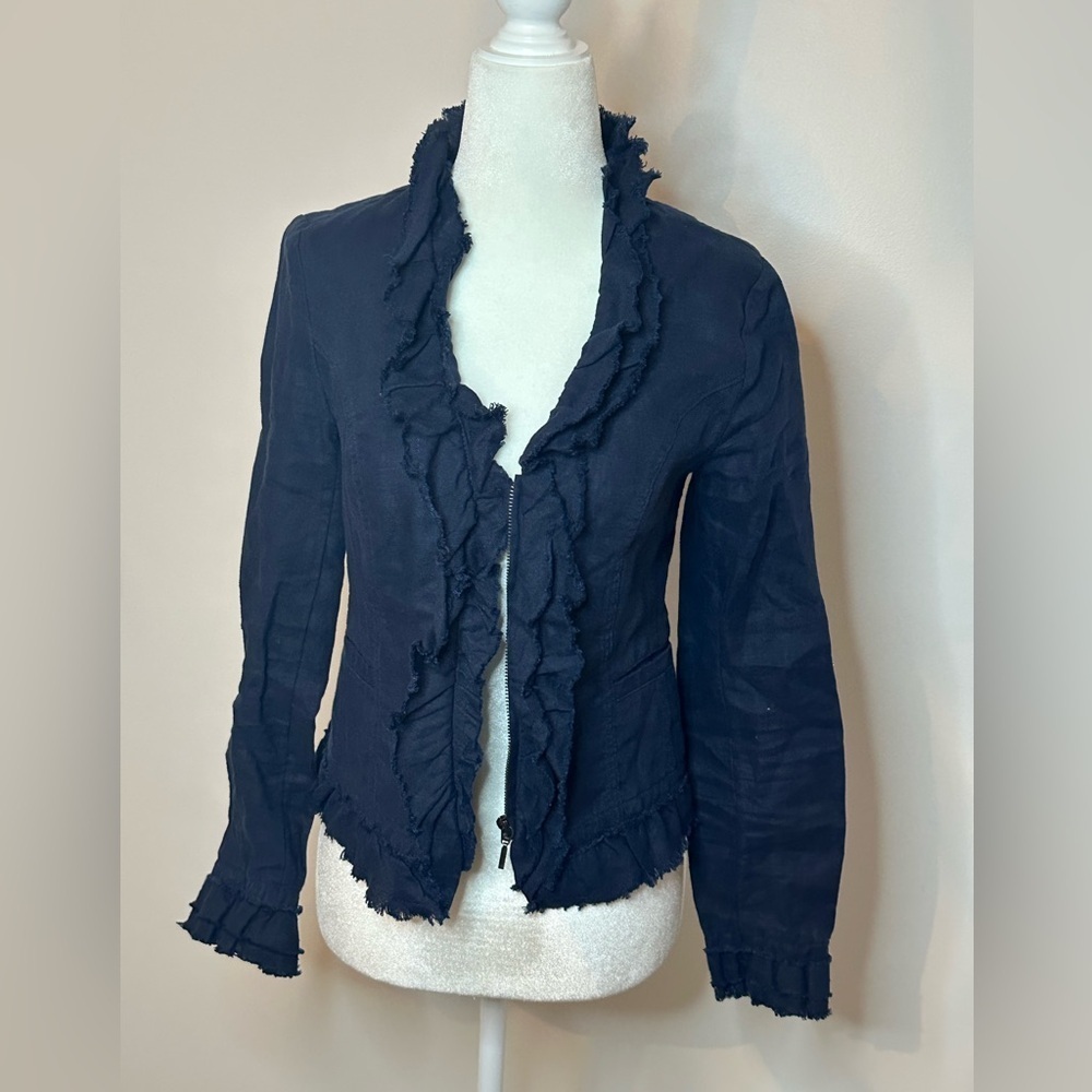 White House Black Market women’s fitted Linen jacket w ruffle details Sz Xs